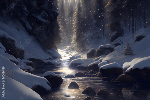 Fototapete AI generated picturesque landscape of rocky river flowing in snowy forest amidst