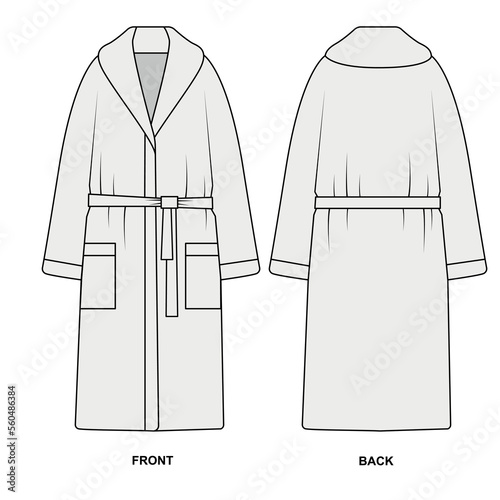 Sketch oversized bathrobe. Robe vector template. Outline technical drawing of a long robe with pockets and belt.