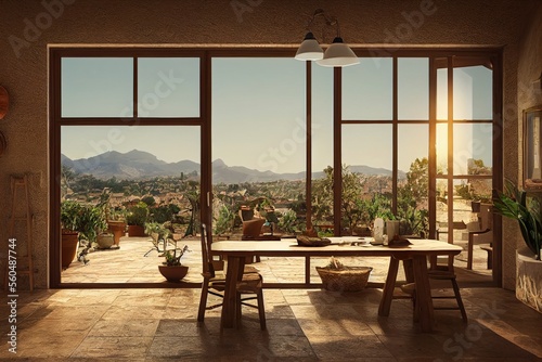 Desert Luxury Modern Interior Dining Room with Mountain Views Made with Generative AI