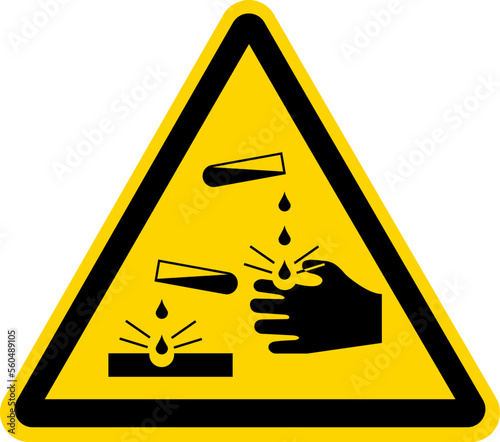 Corrosive warning sign on isolated background. Vector illustration. 