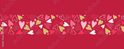 Repeated hearts seamless pattern, hand drawn with gold glitter effect, Cute background. Endless romantic print - vector design