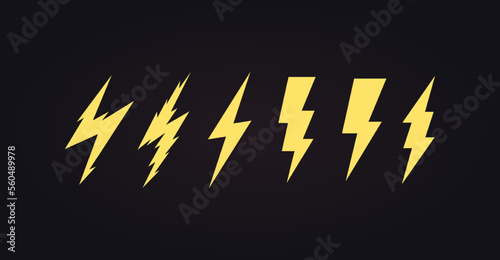 Lightning icon set. Cartoon lightening, bolt logo template, energy and electricity symbols collection. Simple flat design, vector illustration