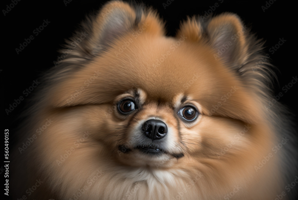 A close-up portrait of a cute brown Pomeranian puppy dog captured in all its glory. Generative AI.