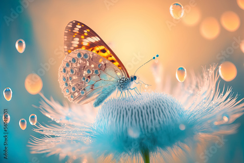 Natural pastel background. Morpho butterfly and dandelion. Seeds of a dandelion flower in drops of water on a background of sunrise. Copy spaces. Generative AI