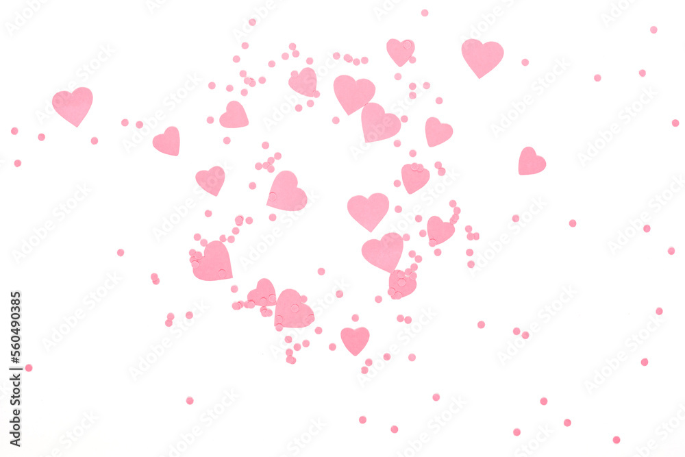 Valentine's Day background February 14th. Paper cut out hearts. Top view, copy space. 