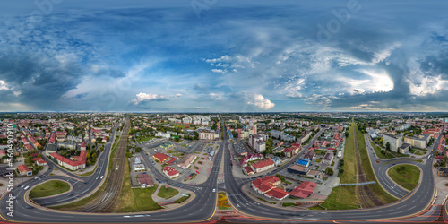aerial full seamless spherical hdri 360 panorama view above road junction with traffic in equirectangular projection. May use like sky replacement for drone panorama shots