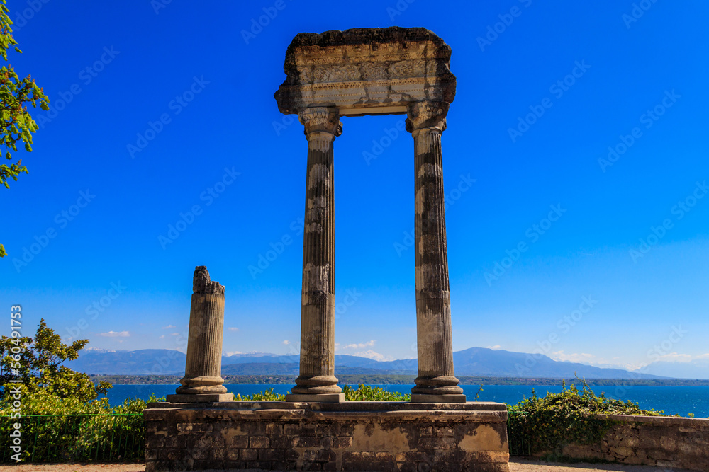 Ruins of ancient roman columns in Nyon, Switzerland