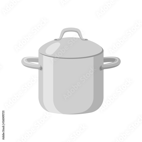 Silver saucepan cartoon illustration. Metal cooking pot with lid, stainless utensil for making soup or boiling water. Household, kitchen concept