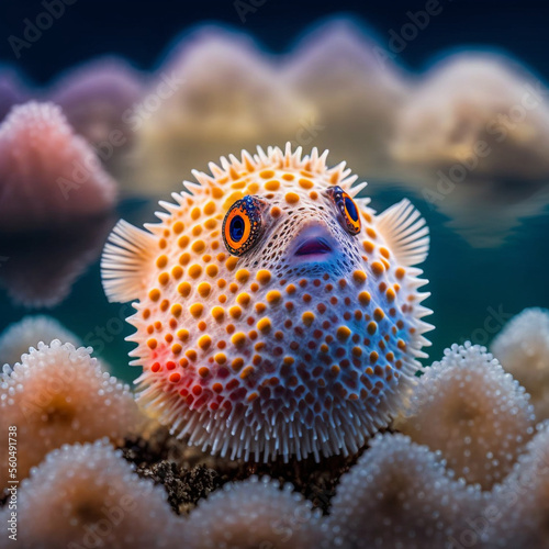 Pez globo colorido en el fondo del mar. Generative AI. © ACG Visual