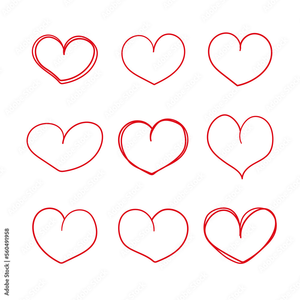 Set of red line hearts vector illustration. Nine hand drawn love symbols. Red outline doodles isolated on white background