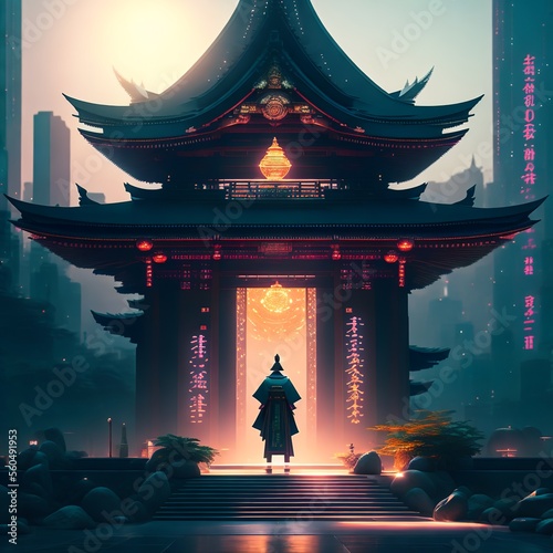 A Cyberpunk scene in a futuristic Chinese Temple