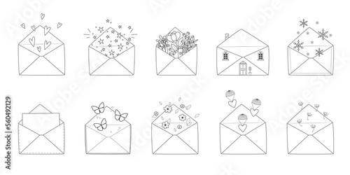 Collection of various mail envelopes with a hearts, stars, flowers and other decor. Illustration on transparent background