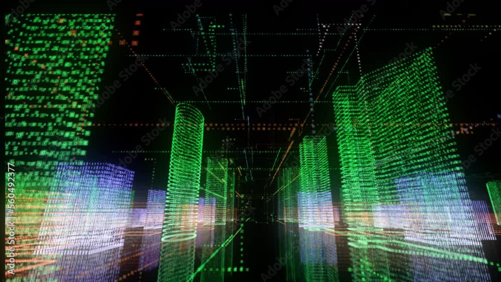 Showing the growth of the digital city, holographic technology footage Showing the growth of the digital city, holographic technology footage