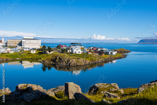 Sugandisey Cliffs, Iceland at Snaefellsnes Atlantic Ocean Sailing and Lighthouse of Island Landscape