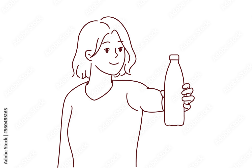Smiling young woman hold bottle of water recommend drinking clear clean aqua. Happy female make recommendation for healthy lifestyle. Vector illustration. Smiling young woman hold bottle of water recommend drinking clear clean aqua. Happy female make recommendation for healthy lifestyle. Vector illustration.