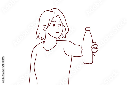 Smiling young woman hold bottle of water recommend drinking clear clean aqua. Happy female make recommendation for healthy lifestyle. Vector illustration. 