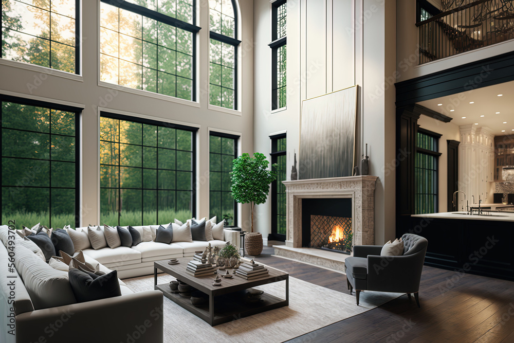 Naklejka premium Beautiful living room interior with hardwood floors and fireplace in new luxury home. Large bank of windows hints at exterior view. Generative AI