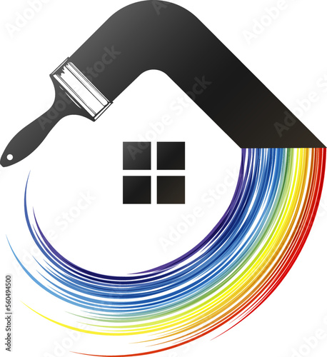 Paint brush with drops of paint and a house. Symbol for the painter