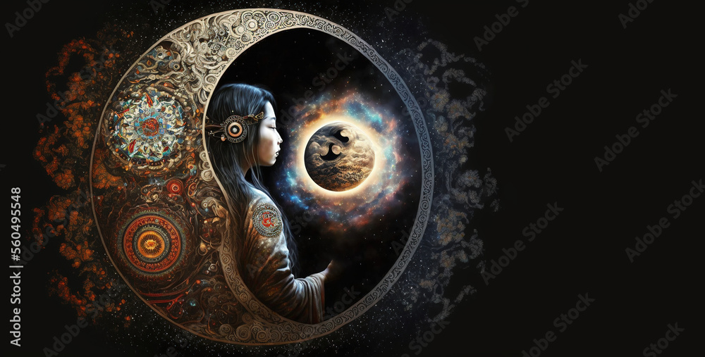 Wise young female shaman guards the yin-yang portal of the universe. Copy space, space for your text. Guardians of the spiritual world. Illustration, generative art