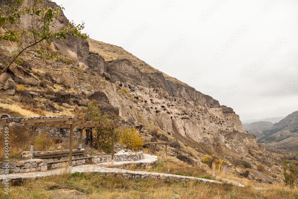 Close-up view of Vardzia caves. Vardzia is a cave monastery site in southern Georgia, excavated from the slopes of the Erusheti Mountain on the left bank of the Kura River.