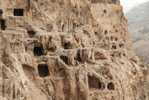 Close-up view of Vardzia caves. Vardzia is a cave monastery site in southern Georgia, excavated from the slopes of the Erusheti Mountain on the left bank of the Kura River. © dragan1956