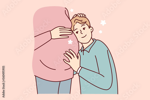 Boy teenager lean against belly of pregnant mother listens to heartbeat of unborn child. Loving son hugs mom in anticipation of appearance of younger brother or sister. Flat vector illustration 