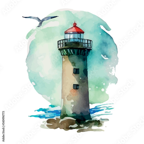 Watercolor lighthouse illustration. Isolated lighthouse and seagulls on white background. Hand drawn artwork. Vector