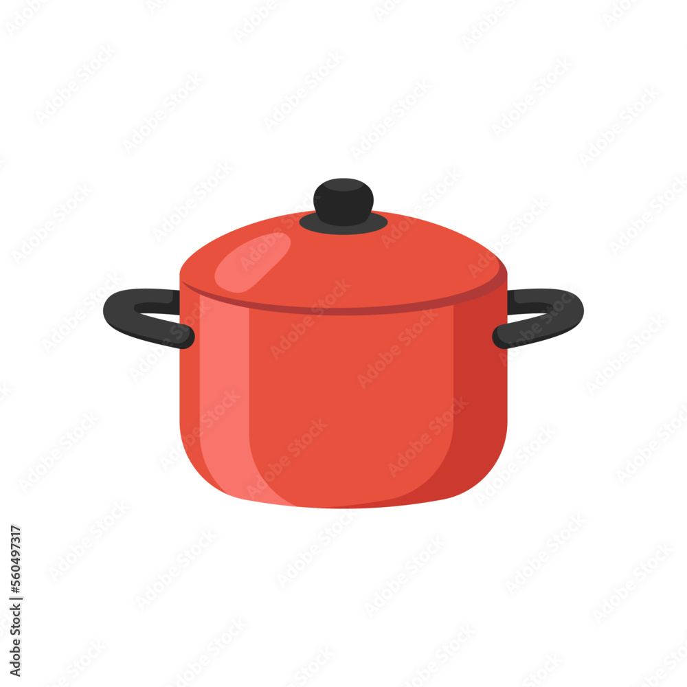 Red saucepan cartoon illustration. Metal cooking pot with lid, stainless utensil for making soup or boiling water. Household, kitchen concept Red saucepan cartoon illustration. Metal cooking pot with lid, stainless utensil for making soup or boiling water. Household, kitchen concept
