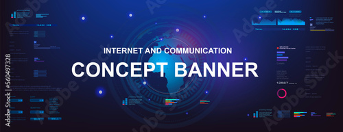 Internet concept banner. World Internet technologies and communications. Futuristic background with earth interface diagrams. Global world Internet network of new generation