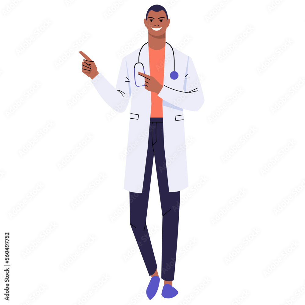 Black doctor is pointing at something with the index fingers of both hands. Character presents, demonstrates. Medical worker with a stethoscope and in a white coat. Isolated on white. Flat vector. Black doctor is pointing at something with the index fingers of both hands. Character presents, demonstrates. Medical worker with a stethoscope and in a white coat. Isolated on white. Flat vector.