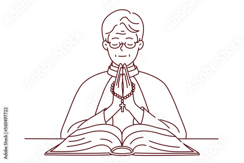 Calm priest in robe holding rosary praying with bible in church. Happy pastor pray to god in cathedral. Religion and faith. Vector illustration. 