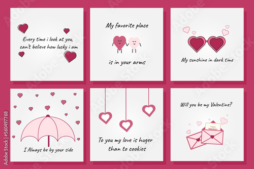 A set of greeting cards with funny inscriptions for Valentine's Day