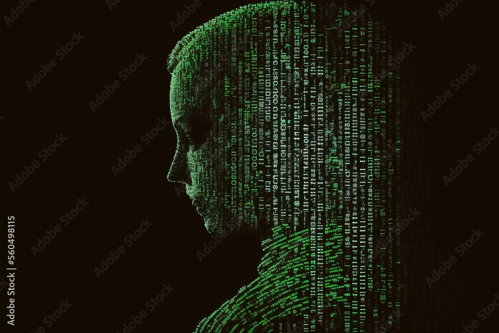 Human silhouette made from binary codes in green color. Illustration AI ...