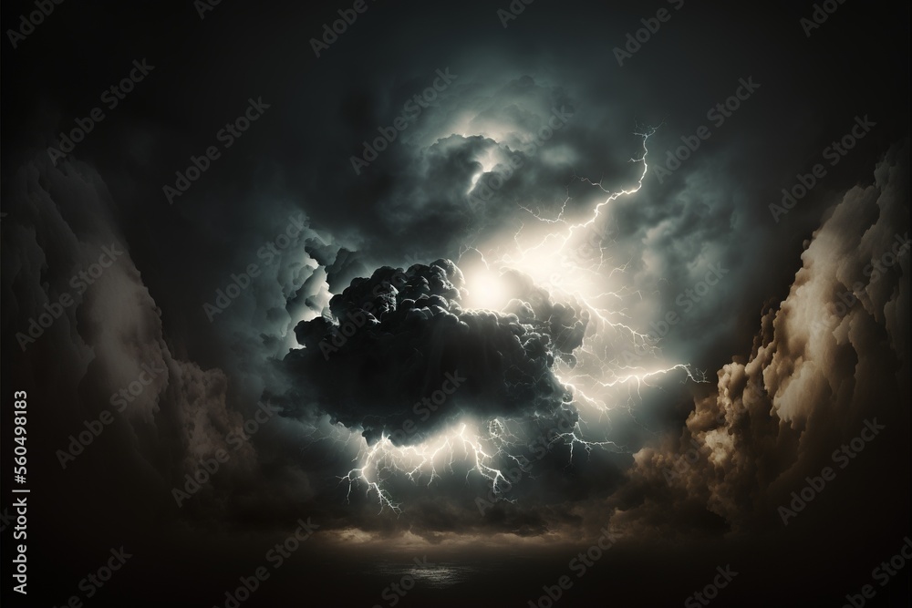 a cloud with a lightning bolt in the middle of it and a dark sky with