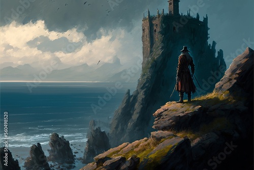 Landscape with medieval castle on a cliff in the sea. Digital illustration. AI