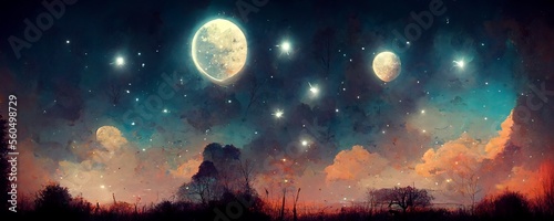 Landscape with sky full of stars and moon, oil painting style. Digital illustration. AI