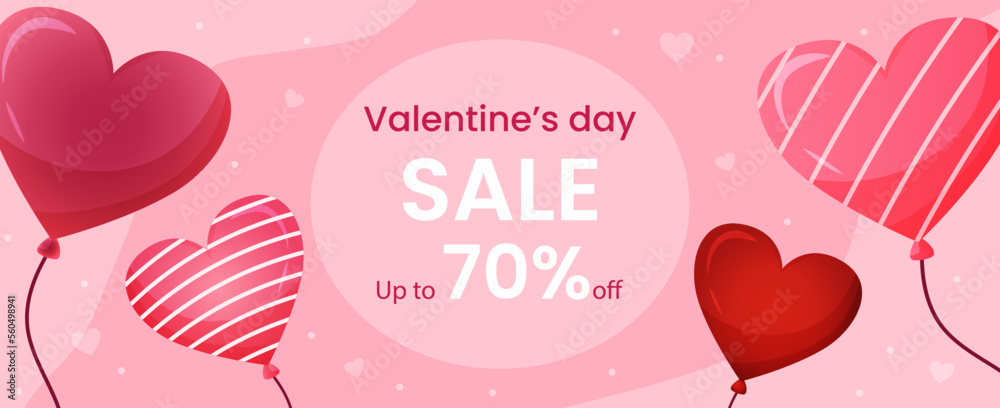 Vector Valentines day sale banner template. Hearts shapes balloons on pink background. Promotion and shopping card for valentine event