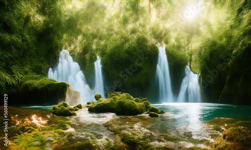 A waterfall in the middle of a jungle. 