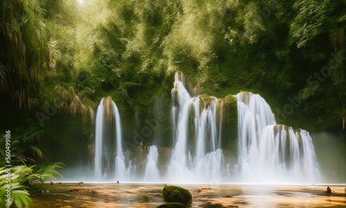 A waterfall in the middle of a jungle. 