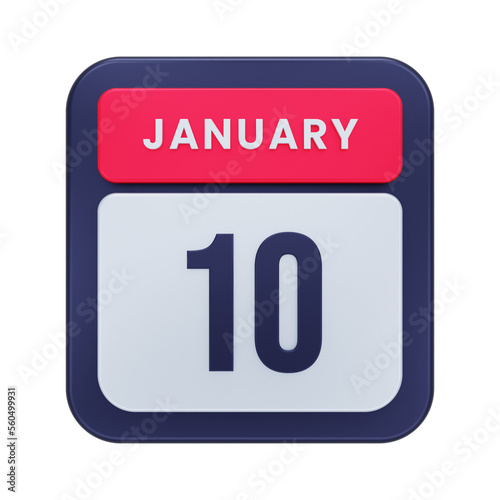 January Realistic Calendar Icon 3D Illustration Date January 10