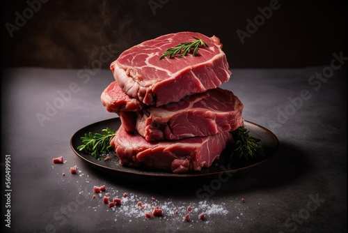  a plate of raw meat with herbs on it and smoke coming out of the top of the meat and on the bottom of the plate is a black surface with a few tiny sprinkles of salt. generative