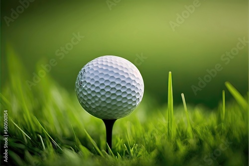 Golf ball on tee with grass and green blurred background. Generative AI