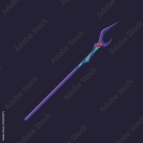 Purple magic wand on dark background illustration. Stick with glowing red gem or crystal on top for witch or wizard. Magicians staff, fantasy game, weapon concept