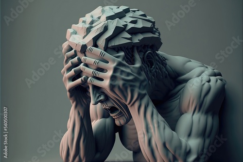 Fototapeta Artistic sculpture of a man with heavy headache. Generative AI