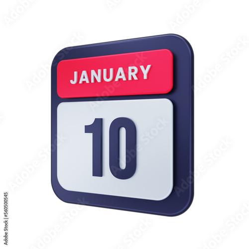 January Realistic Calendar Icon 3D Illustration Date January 10