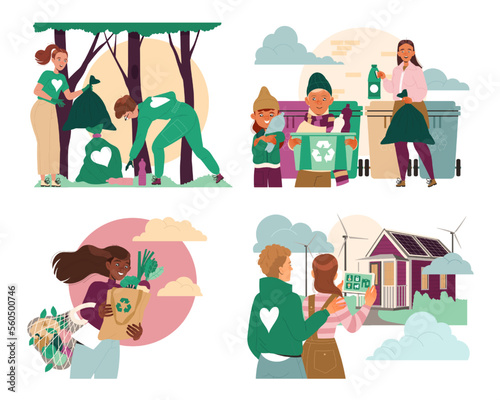 Ecology with People Sorting Garbage, Using Reusable Shopping Bag and Green House Vector Set