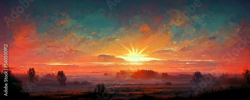 Landscape with beautiful sunset and clouds. Digital illustration. AI © Deivison