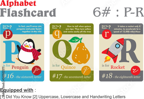 Flashcard alphabet P Q R in 3 different color with information vector