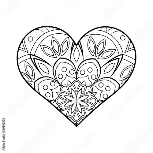 Vector heart linear illustration with floral pattern. Outline mandala ornaments on white. Valentine's Day coloring page