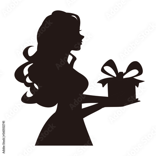 リボン付きの箱のギフトを渡そうとしているロングヘアの女性の白黒のシルエット。